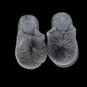 Gray Fuzzy Pom-Pom Slippers